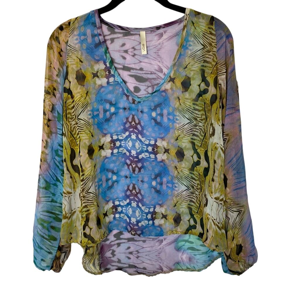 elan Women's Sheer Boho‎ Blouse Colorful Retro Animal Print keyhole Long Sleeve